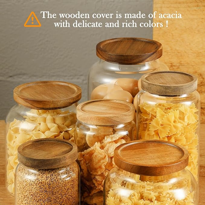 Labina Glass Storage Container Airtight Food Jars Kitchen Canister with Wood Lids, 20 Oz Wide Mouth Pantry Organization Glass Jar for Flour, Sugar, Cookie, Spagetti, Nuts and Candy (2 Pack)