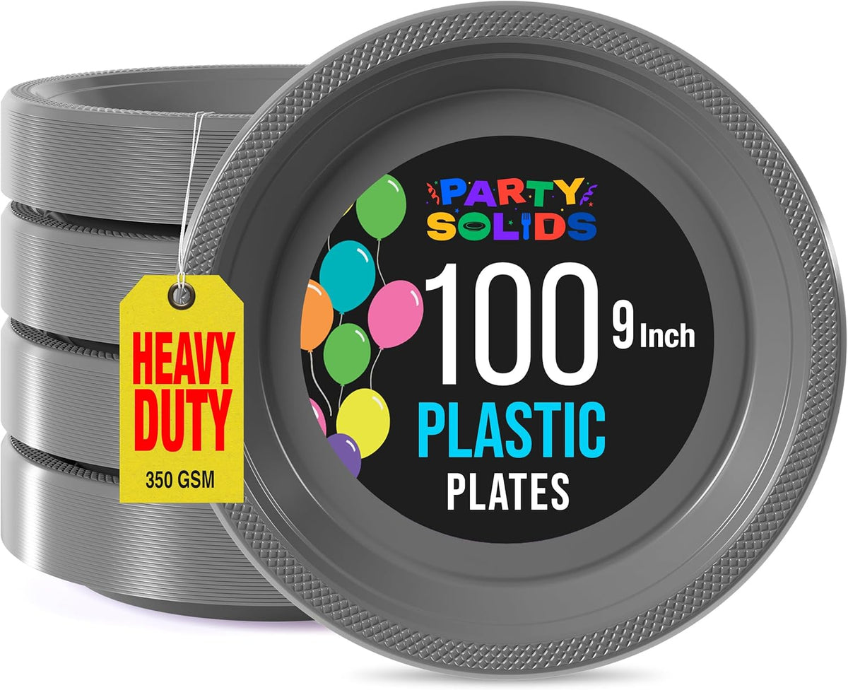 Exquisite Party Solids Silver Plastic Plates For Party 9" Silver Disposable Plates Heavy Duty Supplies 100 Pcs Plastic Dinnerware Sets Heavy Duty 350 GSM Disposable Dinnerware Set