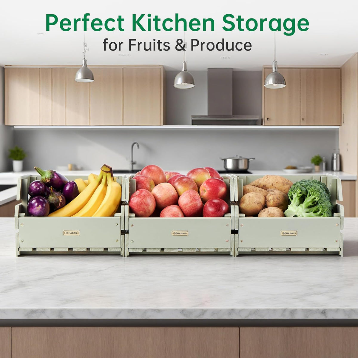 HABAU Wood Potato Onion Storage Bins - Wooden Stackable Produce Basket - Fruit Vegetable Storage for Kitchen Pantry Organization, Set 3 Pieces