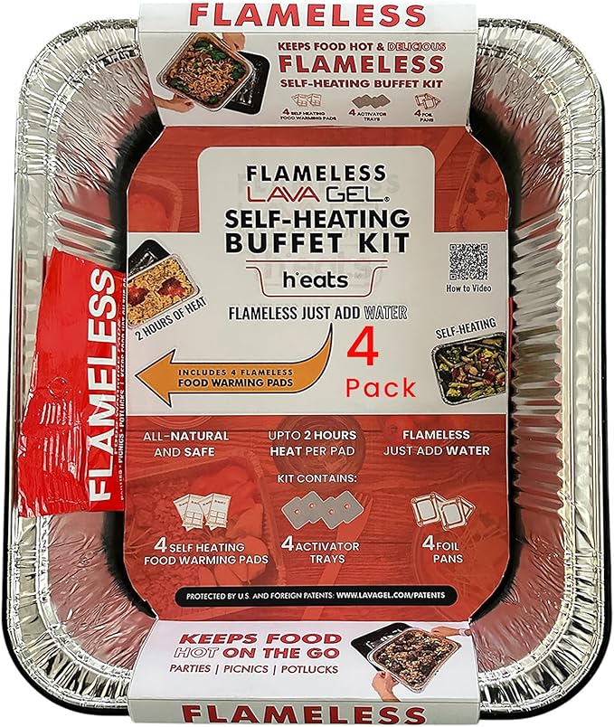 Self-Heating Buffet Kit – Flameless Food Warmer Set for Parties – Includes 4 Trays, 4 Half-Size Heat Pads & Foil Pans – Keeps Hot Food Hot for up to 3 Hours – Gel Fuel Can Alternative