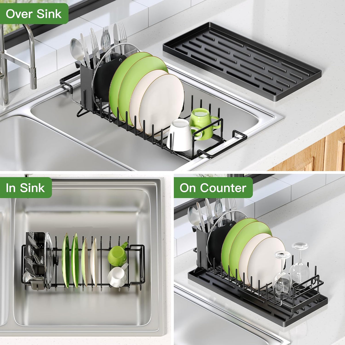 Dish Drying Rack Over the Sink Expandable In Small Black Drainer Dry for Kitchen Counter, Metal Stainless Steel Compact Dishes Drain with Tray, Space Saving Extendable Modern Plate Strainer Holder