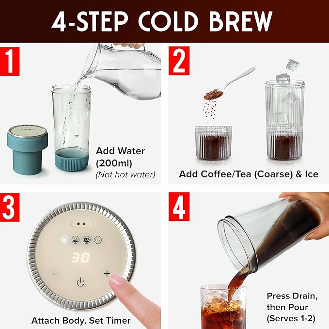 Mueller RapidBrew Cold Brew Iced Coffee Maker – 10 Min Fast Brew Portable Rechargeable Cold Brew Machine for Coffee & Tea – Adjustable Strength 10-99 Min – 20 Servings Per Charge, Mineral Blue