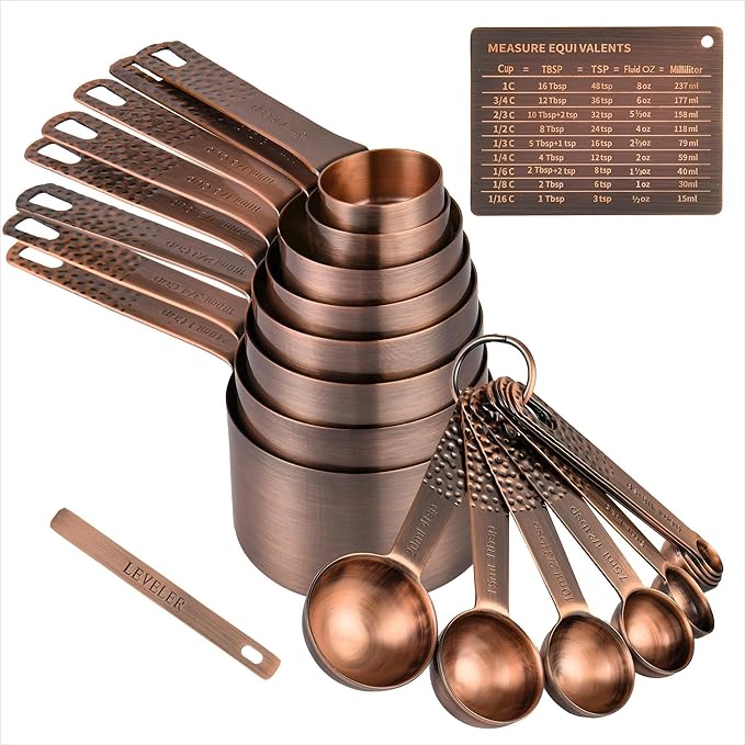 Copper Measuring Cups and Spoons Set, Stainless Steel Measuring Cups and Spoons Set for Baking and Kitchen, Measuring Cups Set with 3/4 Cup Measuring Cup