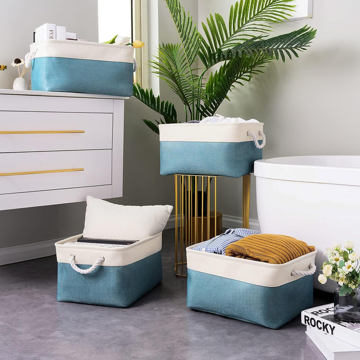 TheWarmHome Fabric Storage Bin with Handles,Storage Basket for Home Storage and Organization, Shelf Basket with Cover for Living Room Bedroom Closet（White & Green Large,15.7L*11.8W*8.3H