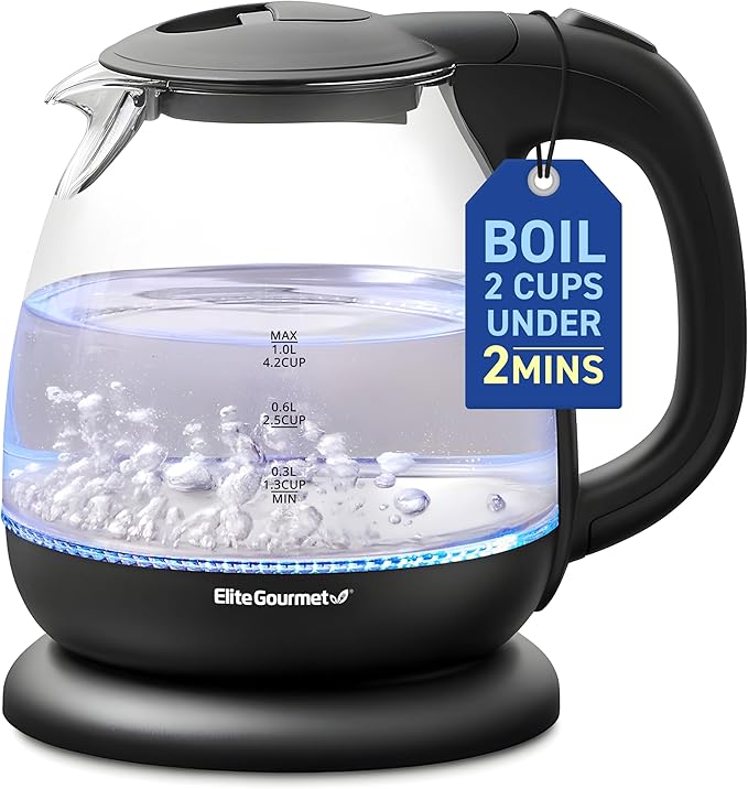 Elite Gourmet EKT1001 Electric 1.0L BPA-Free 1100W Glass Kettle Cordless 360° Base, Stylish Blue LED Interior, Handy Auto Shut-Off Function – Quickly Boil Water For Tea & More, Black