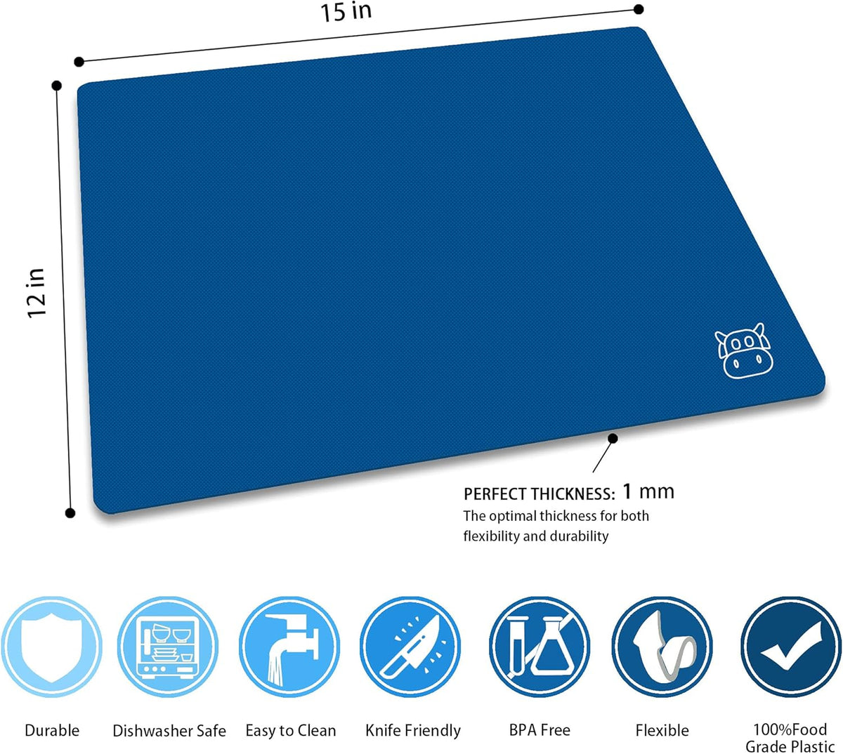 ZVP Flexible Plastic Cutting Board Set of 5 Gradient Color, Colorful Chopping Boards, BPA Free Mats, Non-Slip, Dishwasher Safe, 15x12 Inch, Blue Multi-Color