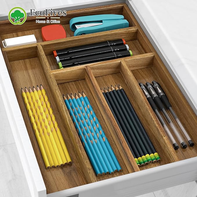 Luxury Acacia Kitchen Drawer Organizer - Silverware Organizer - Utensil Holder and Cutlery Tray with Grooved Drawer Dividers for Flatware and Kitchen Utensils (6 Slot)