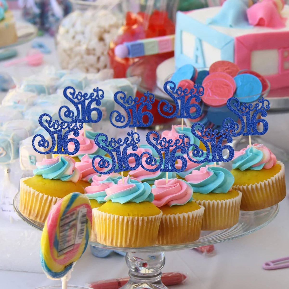 Gyufise 24 Pack 16th Birthday Cupcake Toppers Glitter Sixteen Happy Sweet 16 Cupcake Picks Cheers to 16 Years Old Cupcake Decorations for 16th Birthday Anniversary Party Cake Decorations Supplies Blue