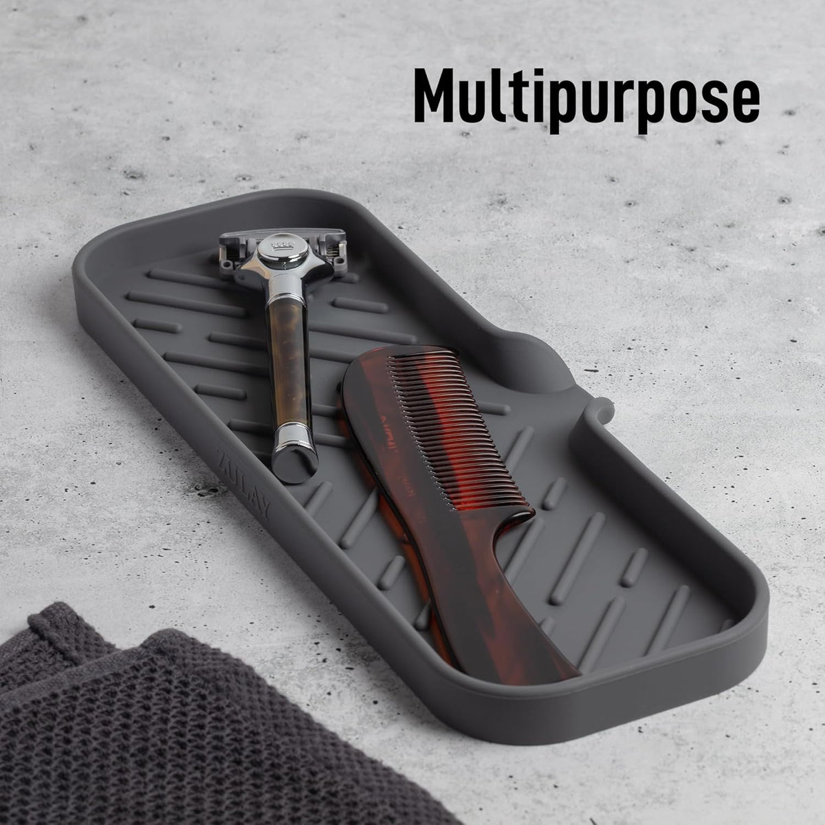 Zulay Kitchen Large Silicone Sponge Holder (12x4) – Flexible Sink Organizer Tray for Kitchen & Bathroom – Multipurpose Soap Dish for Sponges, Makeup, Trinkets & More (Grey)