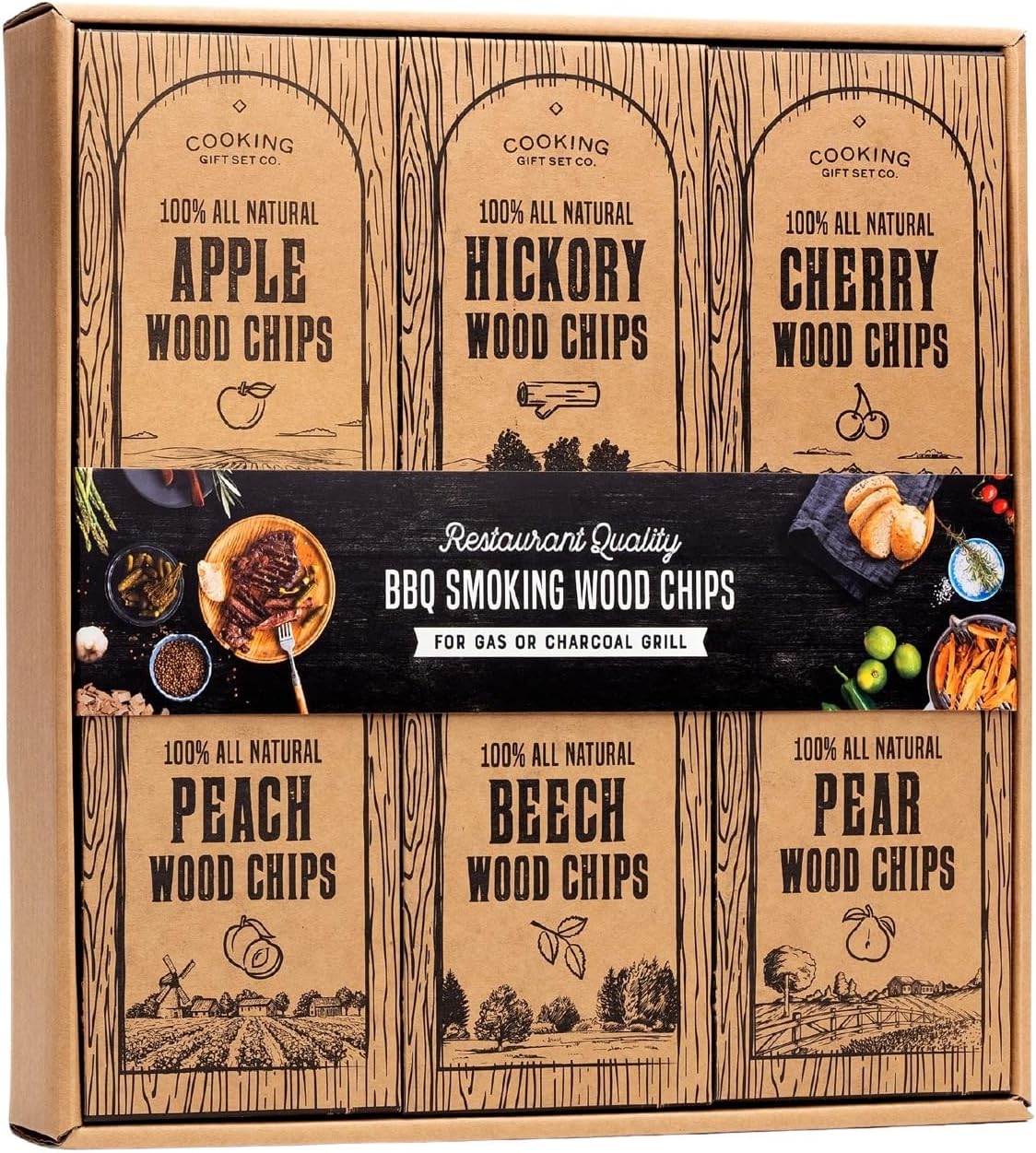 Large Wood Smoking Chips for Smoker - 6 Flavor Variety Pack of Natural Wood Chips - Apple, Hickory, Cherry, Peach, Beech, and Pear - Grilling Accessories for Smoker Grill, Charcoal and Gas Grill