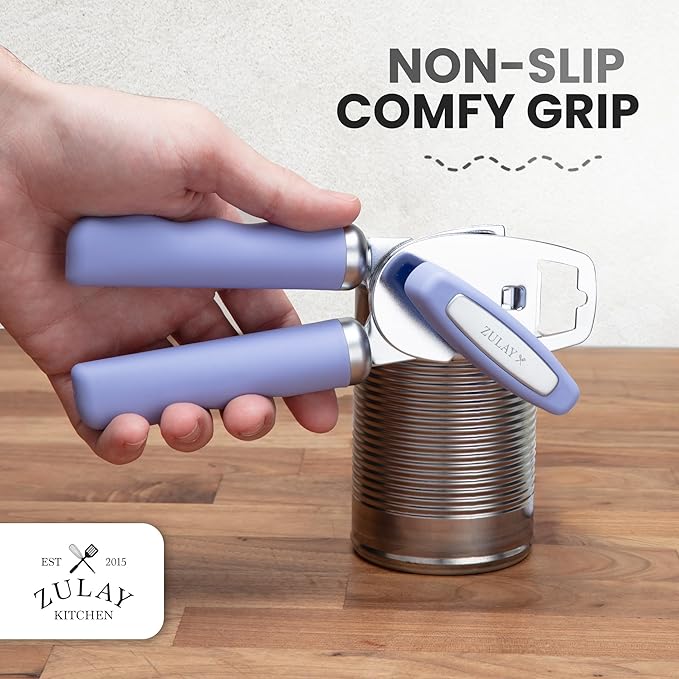 Zulay Kitchen Heavy Duty Stainless Steel Can Opener Manual with Bottle Opener - Rust Proof Manual Can Opener With Turn Knob & Comfy Soft Grip Handles - Periwinkle