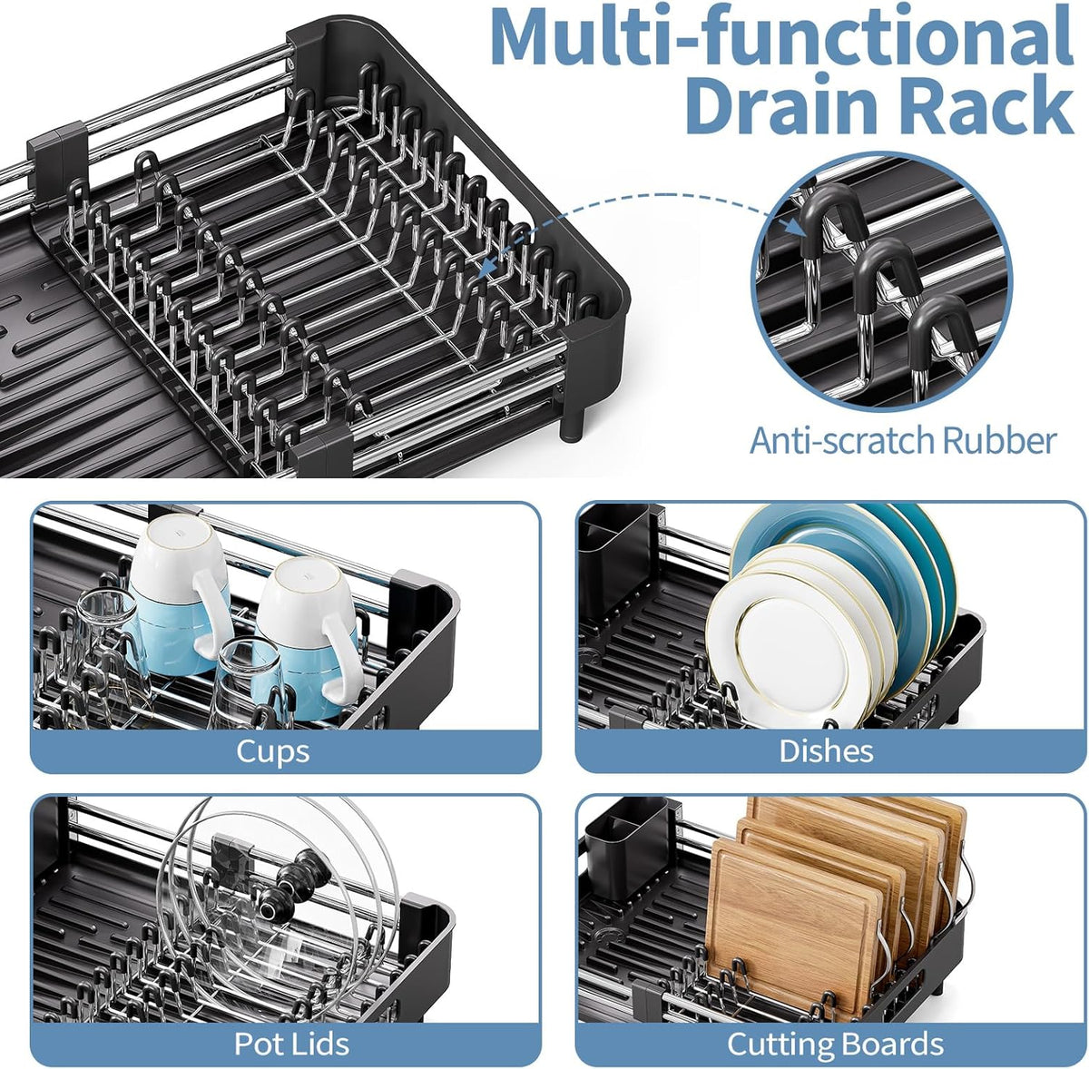 Stainless Steel Dish Drying Rack - Dish Drainer for Kitchen Counter, Extendable Drainboard with Foldable, Space-Saving Cup & Bowl Organizer, Includes Knife and Utensil Holder, Black