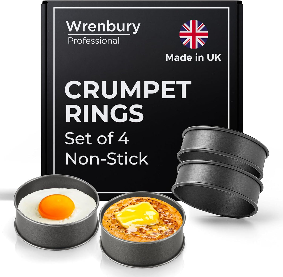 Wrenbury Crumpet Rings Nonstick 3.5 inch - English Muffin Rings - Set of 4 Food Ring Molds for Cooking – Metal Baking Egg Ring Set - Made in England