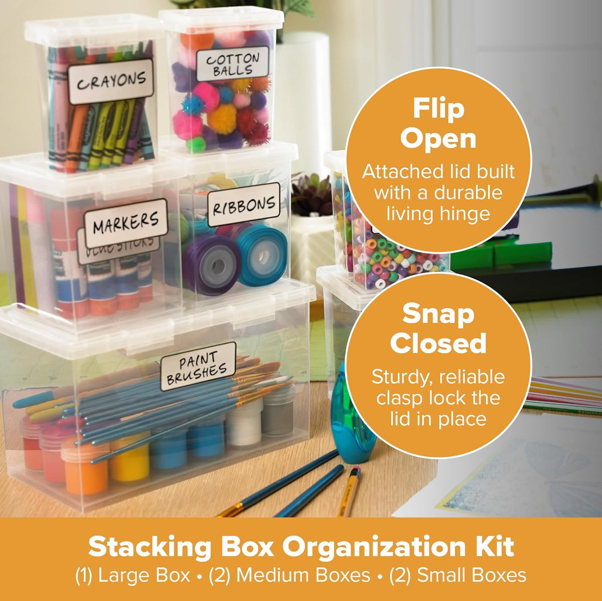 Bostitch Konnect Storage Containers with Lids, Organizer, Clear Plastic Box, Stackable Nesting Bins, 5-Piece Bundle, 1 Large, 2 Medium, 2 Small