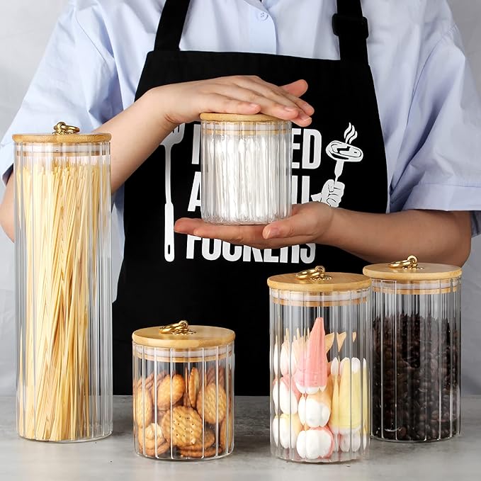 FANTESTICRYAN Glass Storage Jars Set of 5, Decorative Coffee Bar Container with Airtight Bamboo Lid Metal Ring for Home Kitchen Storing Candy, Cookie, Pasta, Nuts, Oatmeal and Bathroom Salt