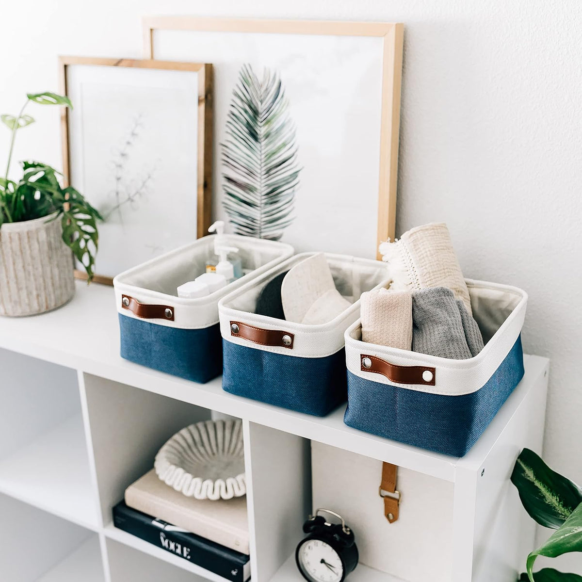 OrganiHaus Small Fabric Storage Baskets for Shelves 3 Pack, 12x8in Closet Storage Bins for Shelves, Cloth Baskets for Organizing, Linen Closet Organizers, Fabric Basket, Navy Blue/White