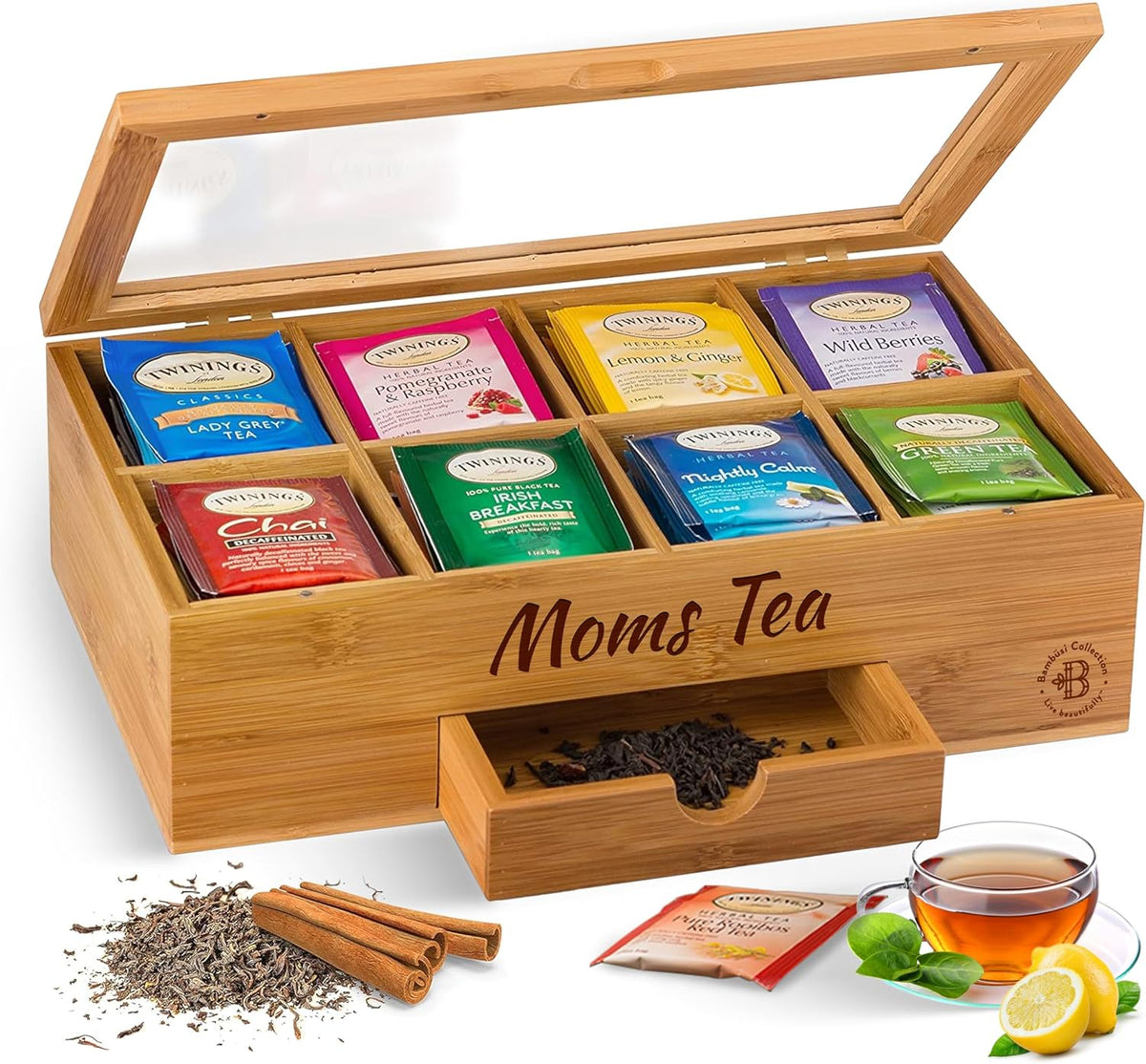 Bambüsi Personalized Tea Organizer - Engraved Bamboo Tea Box, 8 Compartments, Acrylic Window, Magnetic Lid - Unique Gift for Tea Enthusiasts
