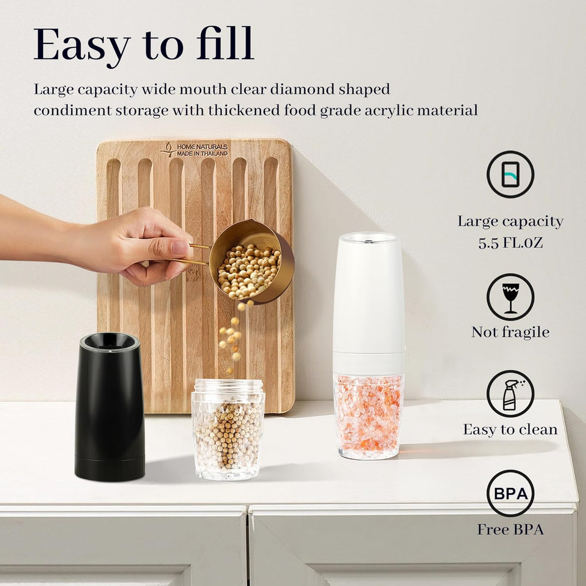 Gravity Electric Salt and Pepper Grinder Set of 2, Automatic Pepper Mill, USB Rechargeable, Adjustable Coarseness, One-handed Operation, Ceramic Burr, Refillable, Auto Grinders with LED light