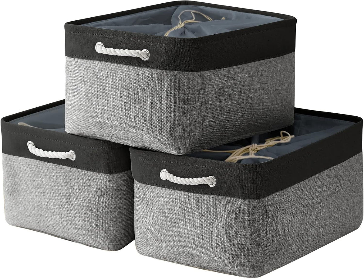 TheWarmHome Organization and Storage Basket for Organizing - 17x14x10 inch Large 3 Pack Collapsible Storage Bin for Shelves, Fabric Basket for Gifts Empty Organizer Gift Closet (Black & Grey)
