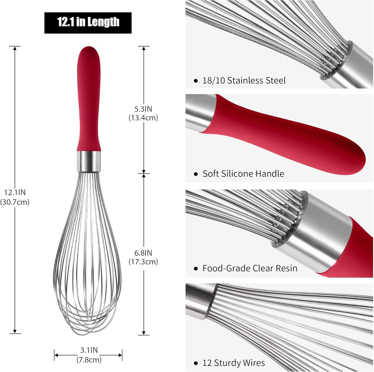 18/8 Stainless Steel Balloon Whisk, Doosu Kitchen Whisk for Cooking Handheld Egg Beater with Rust-Proof Sturdy Wires & Non-Slip Silicone Handle for Beating, Stirring, Blending (12 Wires, Red)