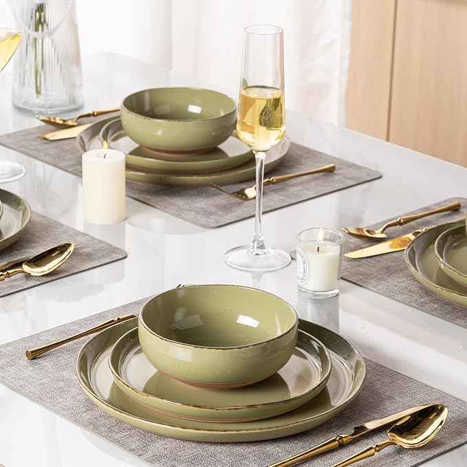 AmorArc Ceramic Dinnerware Sets for 4, 12 Pieces Handpainted Plates and Bowls Set with Rustic Terracotta Underside, Scratch Resistant Stoneware Dishes Set, Dishwasher & Microwave Safe, Olive Green