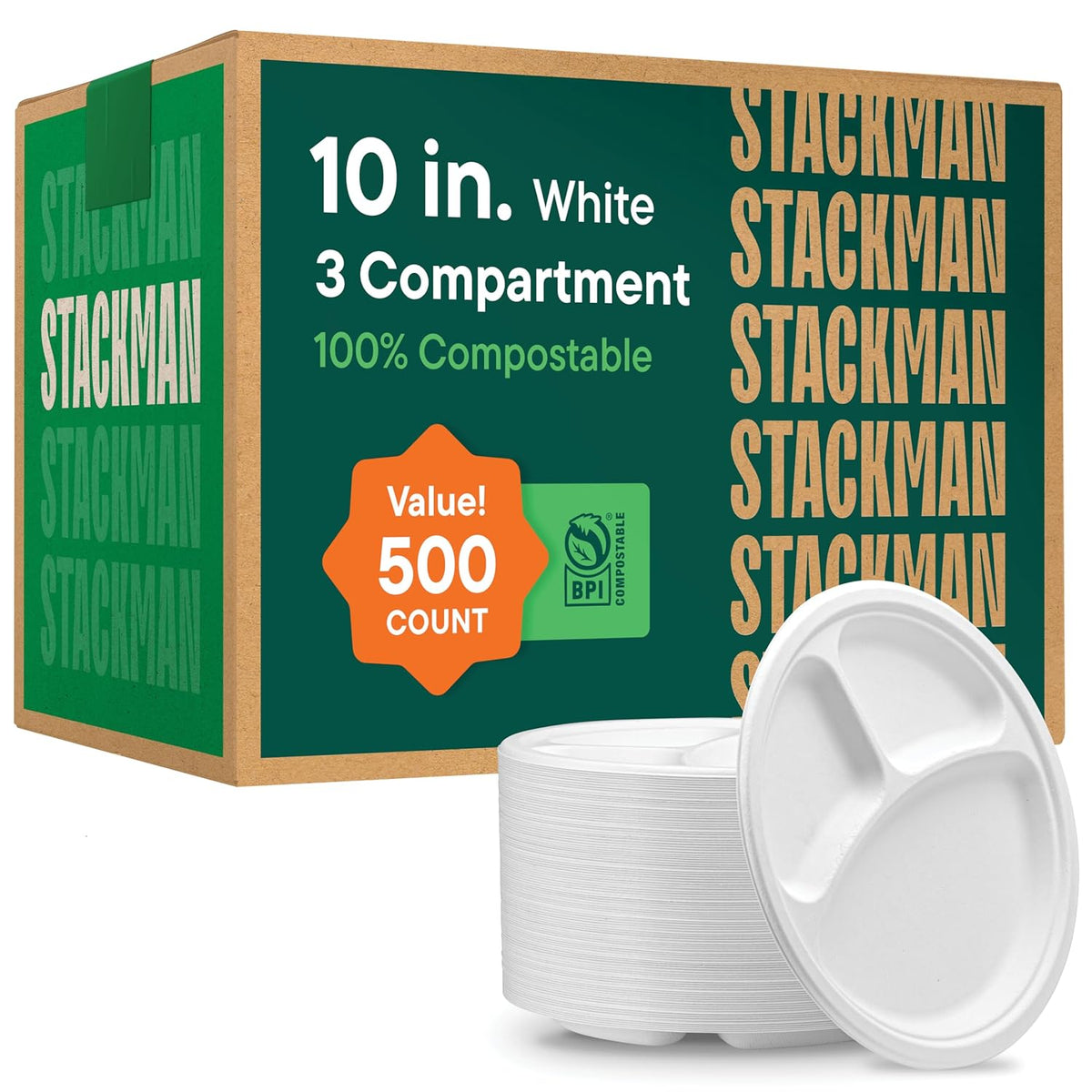 100% Compostable Paper Plates 10 Inch Bulk [500 Count] Heavy-Duty Dinner Plates with Compartments - Natural White Color Bagasse - Eco-Friendly Disposable Biodegradable Sugarcane - [Case 4/125 Pack]