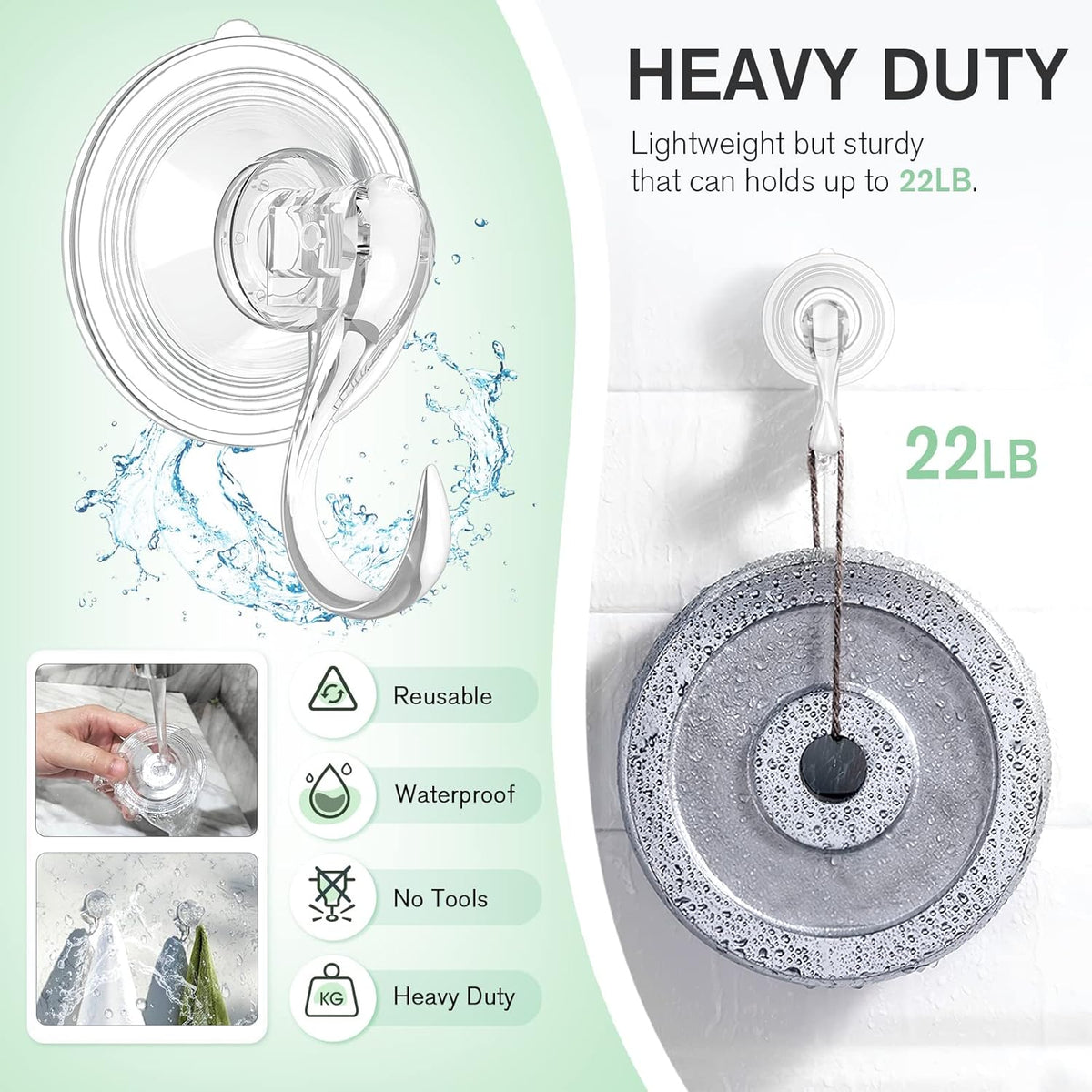 VIS'V Large Suction Cup Hooks with Wipes, Heavy Duty, Removable and Reusable, Clear, 5 Pcs