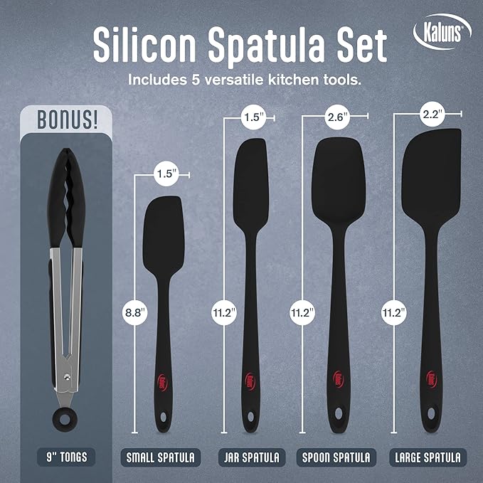 Kaluns Silicone Spatula Set, 4 Rubber Spatulas 600°F Heat Resistant, Nonstick Seamless Design with Stainless Steel Core, Dishwasher Safe, BPA free, Bonus Tongs Included