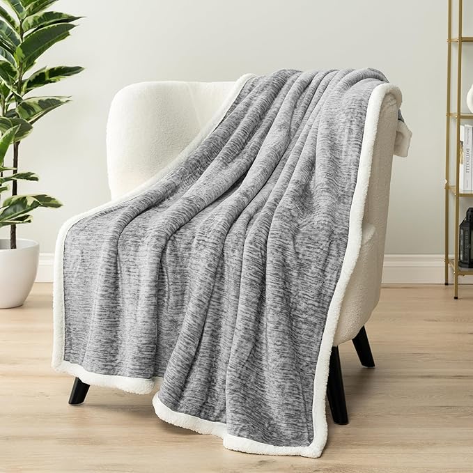 Premium Sherpa Melange Throw Blanket for Couch, Sofa by Pavilia | Soft, Fluffy, Plush, Warm, Cozy | Light Gray Fuzzy Lightweight Microfiber, Luxury Modern Reversible TV Blanket | 50 x 60 Inches