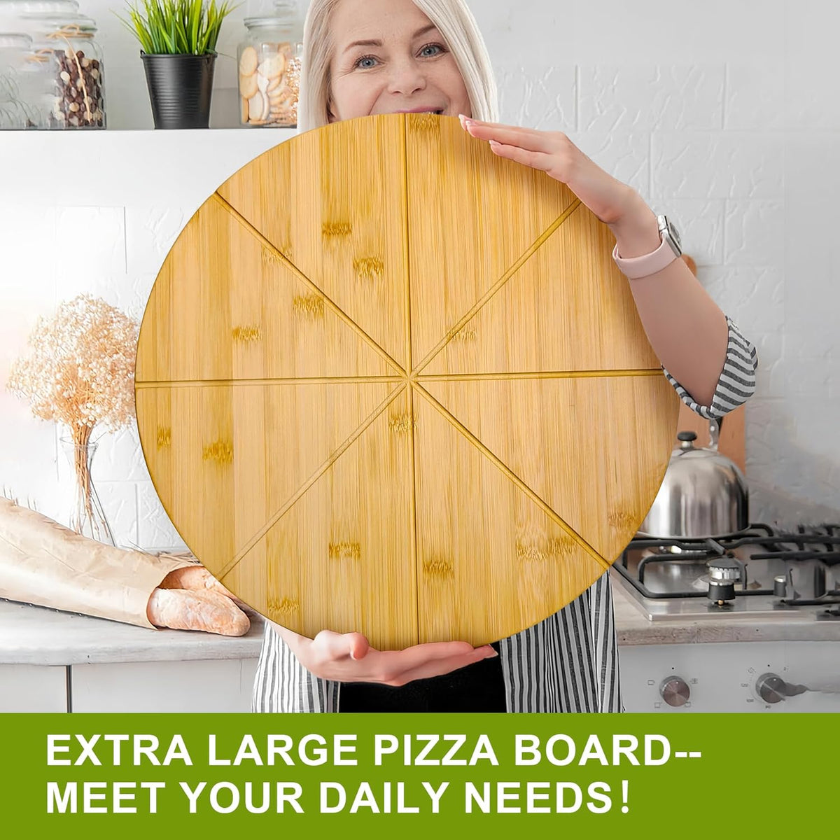 18" Pizza Cutting Board Extra Large Round Cutting Boards Double Sided 2XL 18inch Tray Pizza Oven Accessories Prep Board Paddle Wooden with Cutting Grooves Circular Circle Bamboo Serving Platter