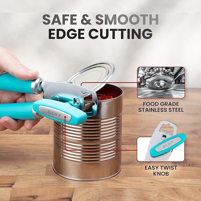 Zulay Kitchen Heavy Duty Stainless Steel Can Opener Manual with Bottle Opener - Rust Proof Manual Can Opener With Turn Knob & Soft Grip Handles