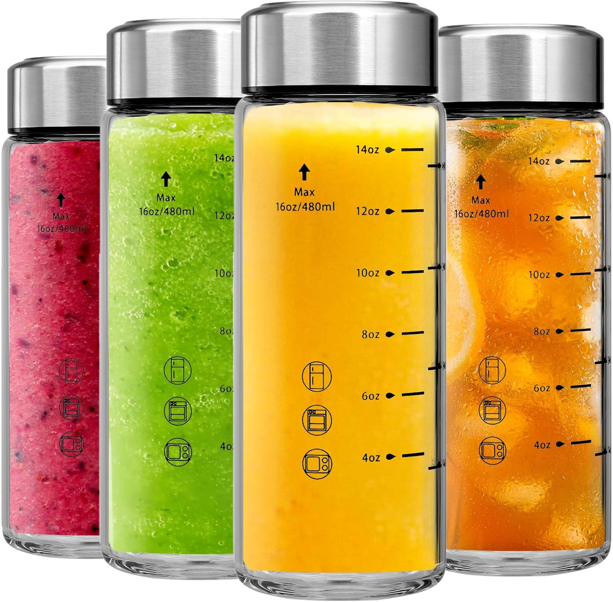 Glass Juice Bottles 4 Pack 16 oz - Wide Mouth Glass Water Bottles with Lids - Borosilicate,Stainless Steel Lids for Juicing, Smoothies, Infused Water, Beverage Storage, Leakproof, Reusable, BPA Free