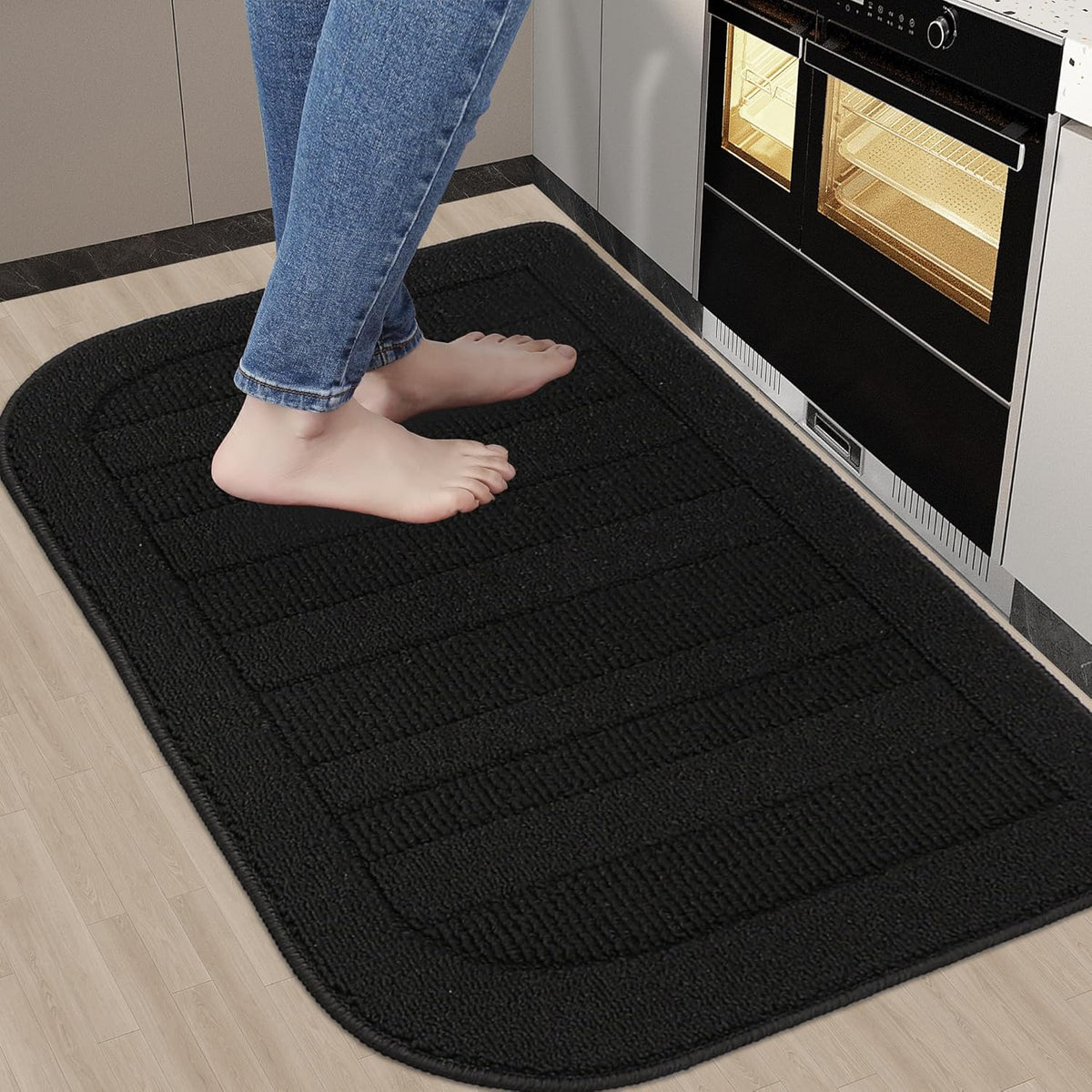 BEQHAUSE 24x36 Inch Kitchen Rug Mat Durable Kitchen Rugs Non-Slip Washable Absorbent Kitchen Mats for Floor Dirt-Resistant Semicircular Kitchen Mat (Black)