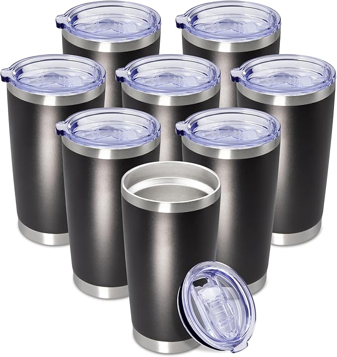 20 oz Tumbler Coffee Travel Tumblers Bulk with Lid Stainless Steel Double Wall Vacuum Insulated Mug Powder Coated Cups fit Car Cupholder for Hot and Cold - Black, 8Pack