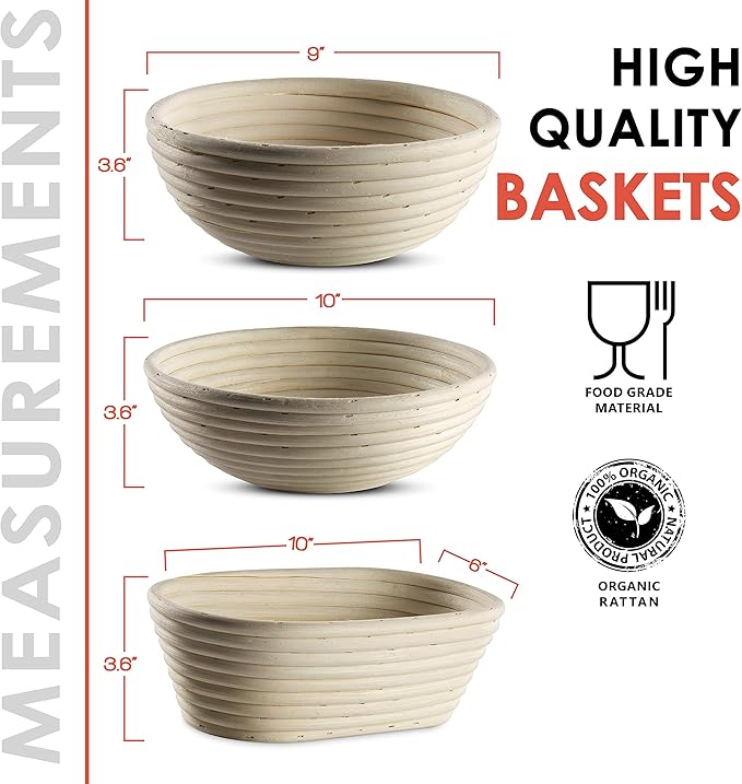 Banneton Bread Proofing Basket [Set of 2 ] Round 9 Inch Handmade Rattan Baskets and Liners for Sourdough