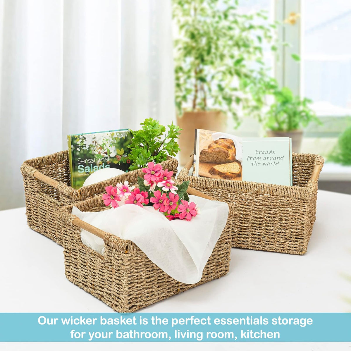 Natural Seagrass Basket with Wooden Handle, Medium Rectuangular Wicker Basket for Living Room 12.2 x 8.9 x 6.7 inches - 3 Pack