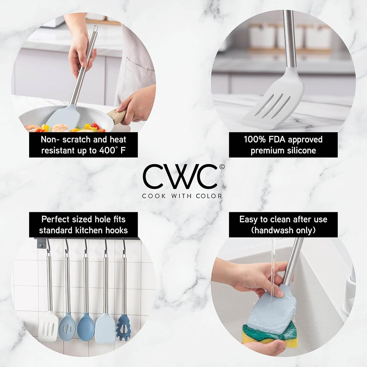 COOK WITH COLOR Silicone Cooking Utensils, Kitchen Utensil Set, Easy to Clean Silicone Kitchen Utensils, Cooking Utensils for Nonstick Cookware, Kitchen Gadgets Set, 5 Pieces, Blue and White