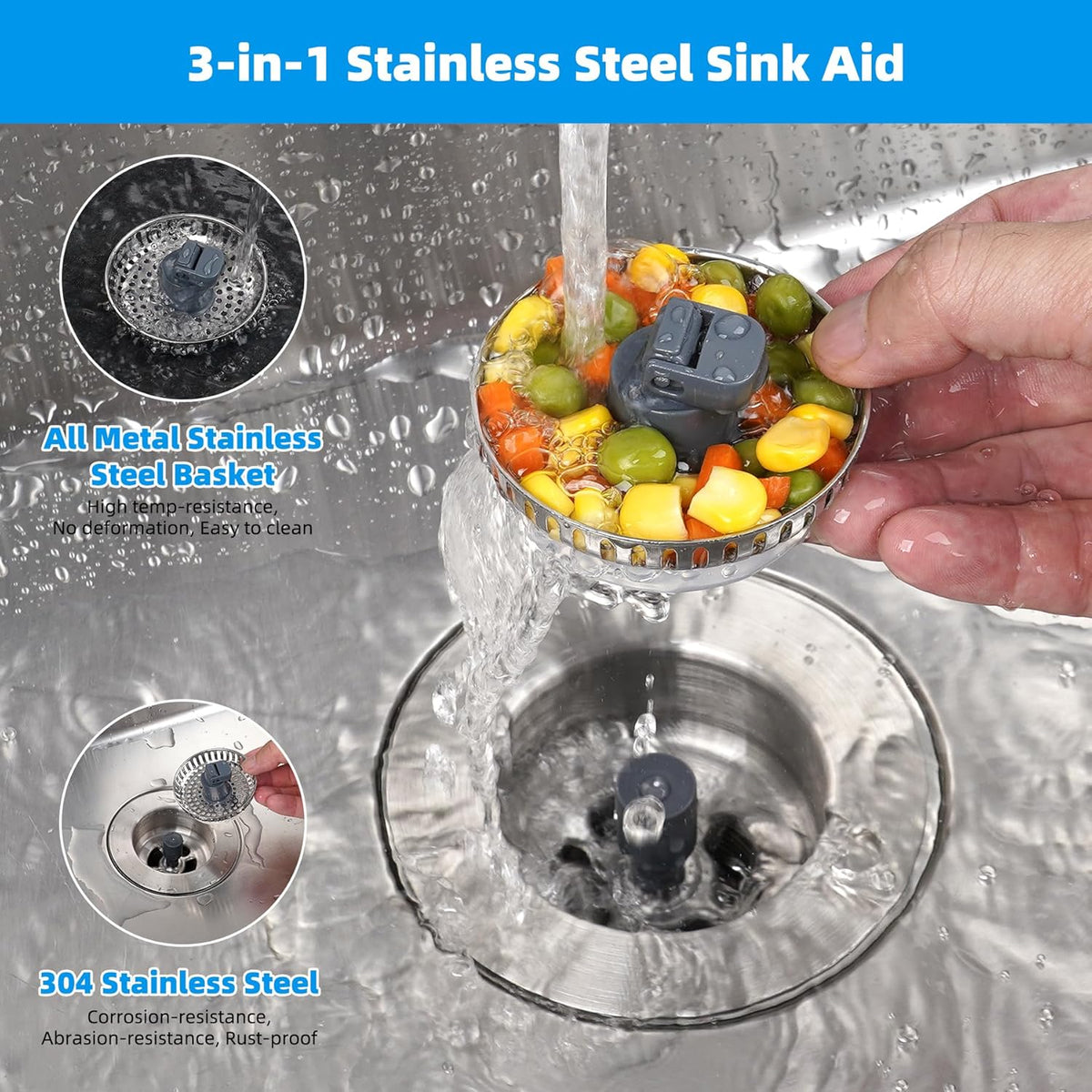 Hibbent 3 in 1 Kitchen Sink Drain Strainer, Stainless Steel Drain Stopper Combo, Pop Up Sink Stopper, Anti-Clogging Metal Basket Strainer with Handle for US Standard 3-1/2" Drain