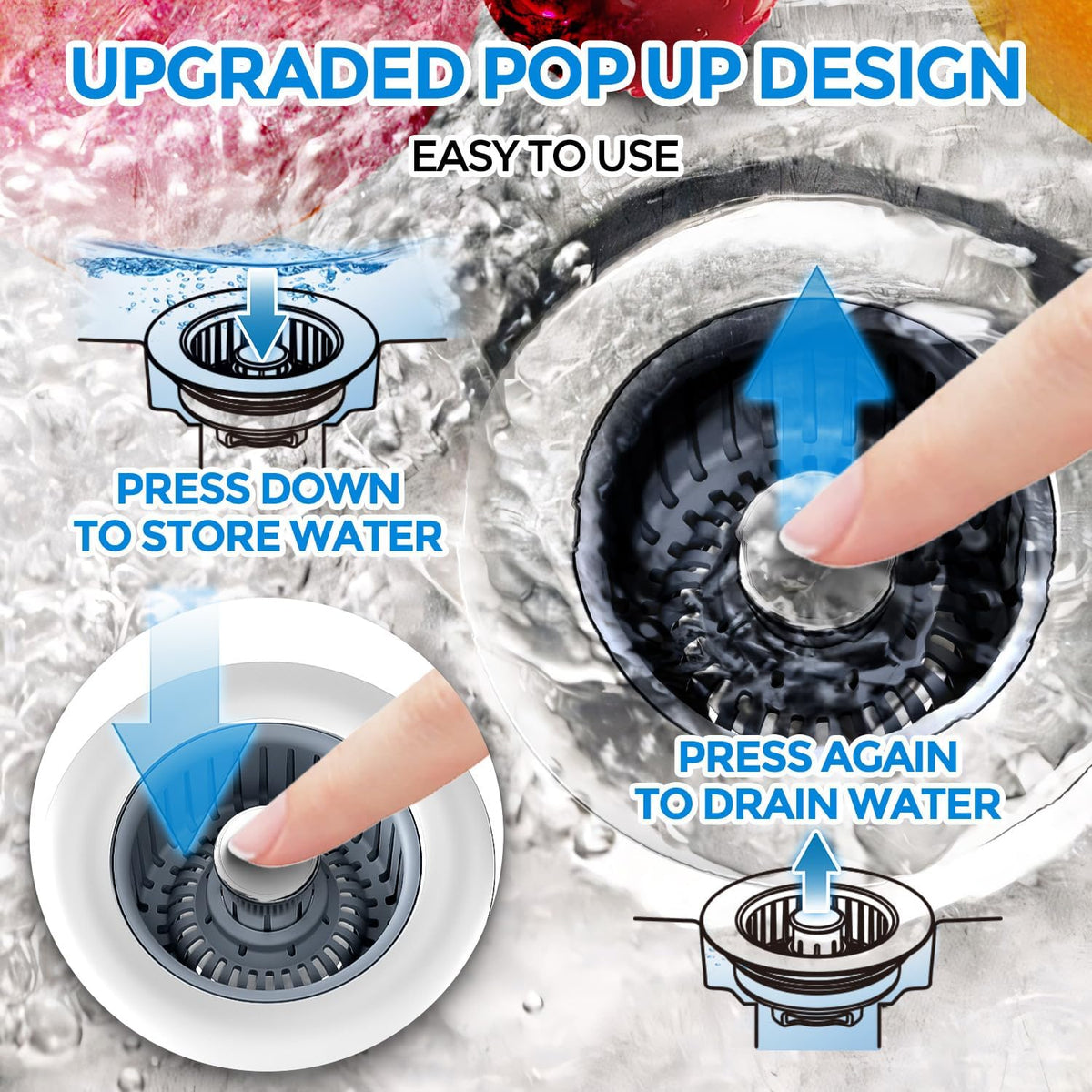 zaa 2 Pack 3 in1 Kitchen Sink Drain Strainer & Sink Stopper, Pop Up Stainless Steel Kitchen Drain Plug & Cover with Anti-Clogging Basket Strainer, Fit US Standard 3-1/2'' Drain Hole