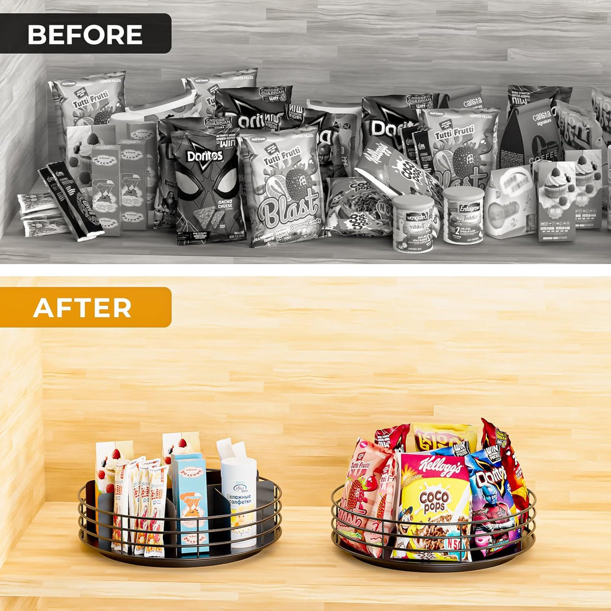 Snack Organizer - Versatile Snack Storage, Lazy Susan with Convenient Grab-and-Go Design, Metal Snack Holder for Home, Office, Breakroom, 11.85" L x 11.85" W x 4.17" H (Matte Black)