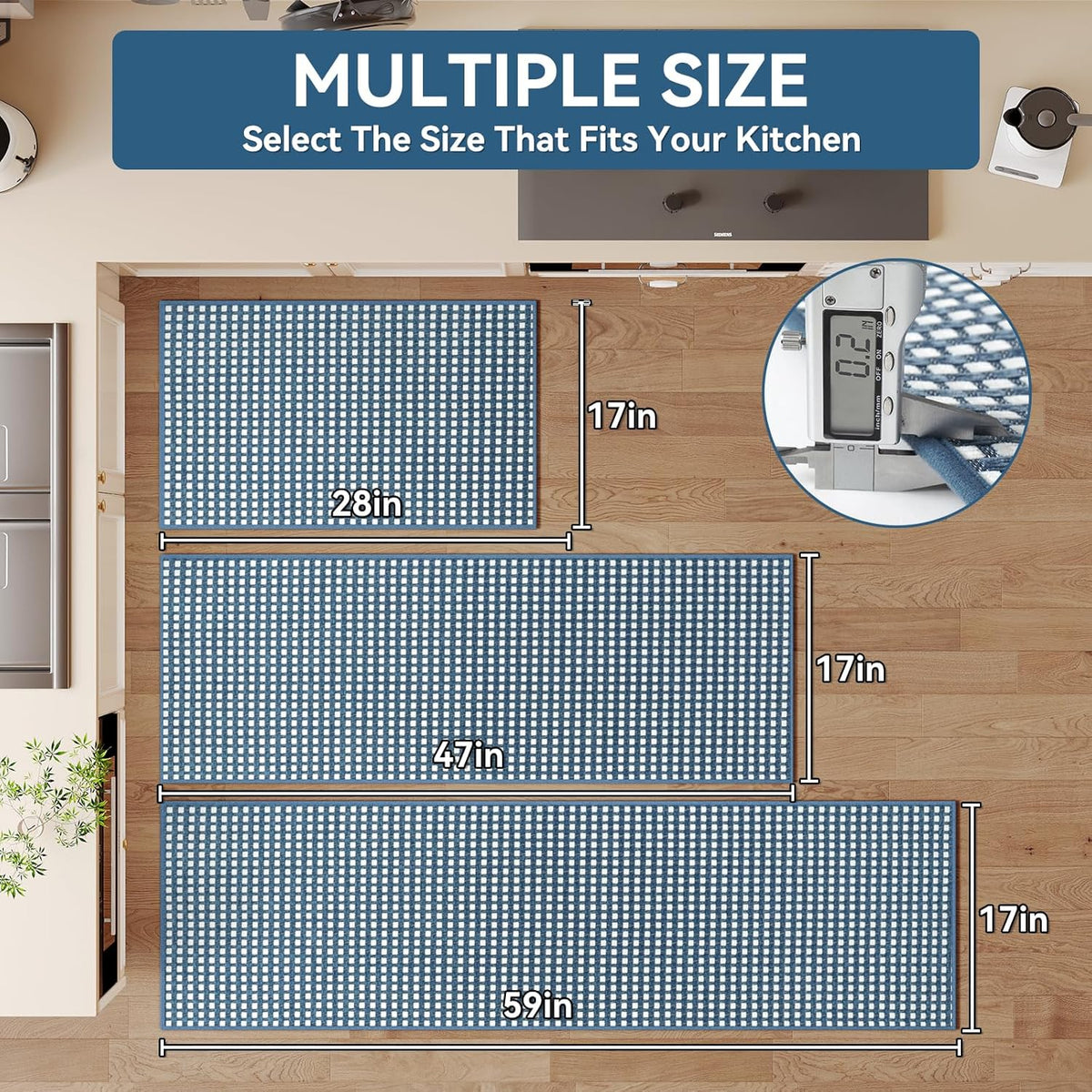 Kitchen Mat Kitchen Rugs Sets of 2 PCS Non Slip Washable, Super Absorbent Soft Braided Kitchen Mats for Floor, Rubber Backing Comfort Standing Kitchen Sink Mat Runner Rug, Blue 17"x28"+17"x59"