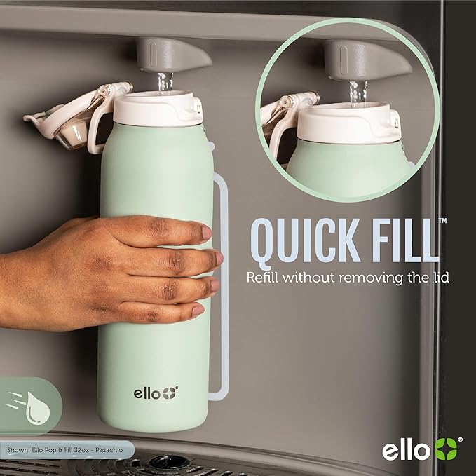 Ello Pop & Fill 32oz Stainless Steel Water Bottle with Quick Fill Technology, Double Walled and Vacuum Insulated Metal, Leak Proof Locking Lid, Sip and Chug, Reusable, BPA Free, Tonal Cream