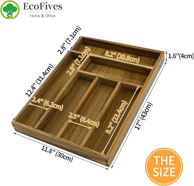 Luxury Acacia Kitchen Drawer Organizer - Silverware Organizer - Utensil Holder and Cutlery Tray with Grooved Drawer Dividers for Flatware and Kitchen Utensils (6 Slot)