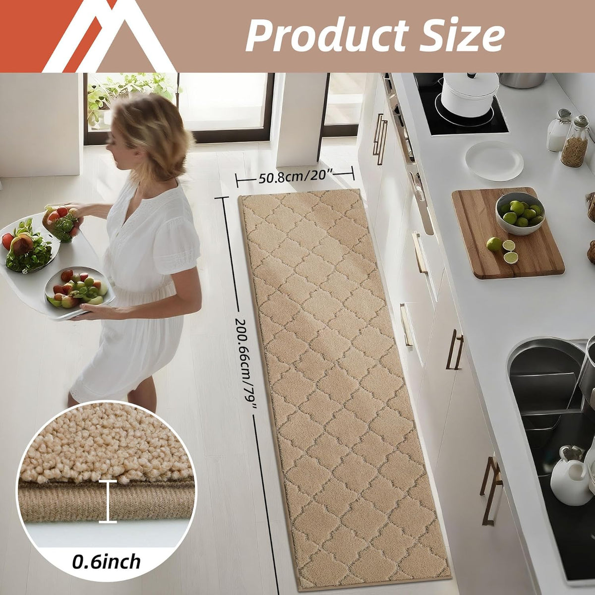 COSY HOMEER Soft Kitchen Floor Mats for in Front of Sink Super Absorbent Kitchen Rugs and Mats 20"x79" Non-Skid Kitchen Mat Standing Mat Washable,Polyester,Beige