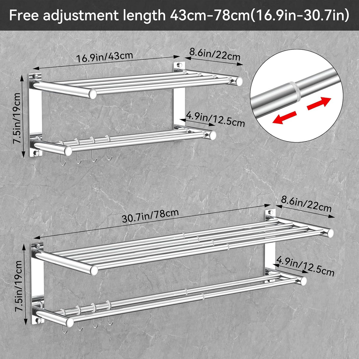 Adjustable Towel Bar for Bathroom Wall Mount17-30.7inch Adhesive Shower Towel Rack Stainless Steel Bath Towel Holders for Toilet Kitchen Double Towel Hanger (Mobile Hook Towel Rack)