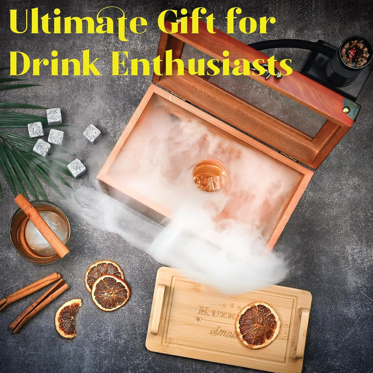 Cocktail Smoker Kit - Whiskey Smoker Kit with Smoking Gun, Smoker Box, 6 Flavors Wood Chips with Whiskey Stones & Ice Mold - Bourbon Old Fashioned Smoker Kit, Gifts for Men, Dad (Torch Not Required)