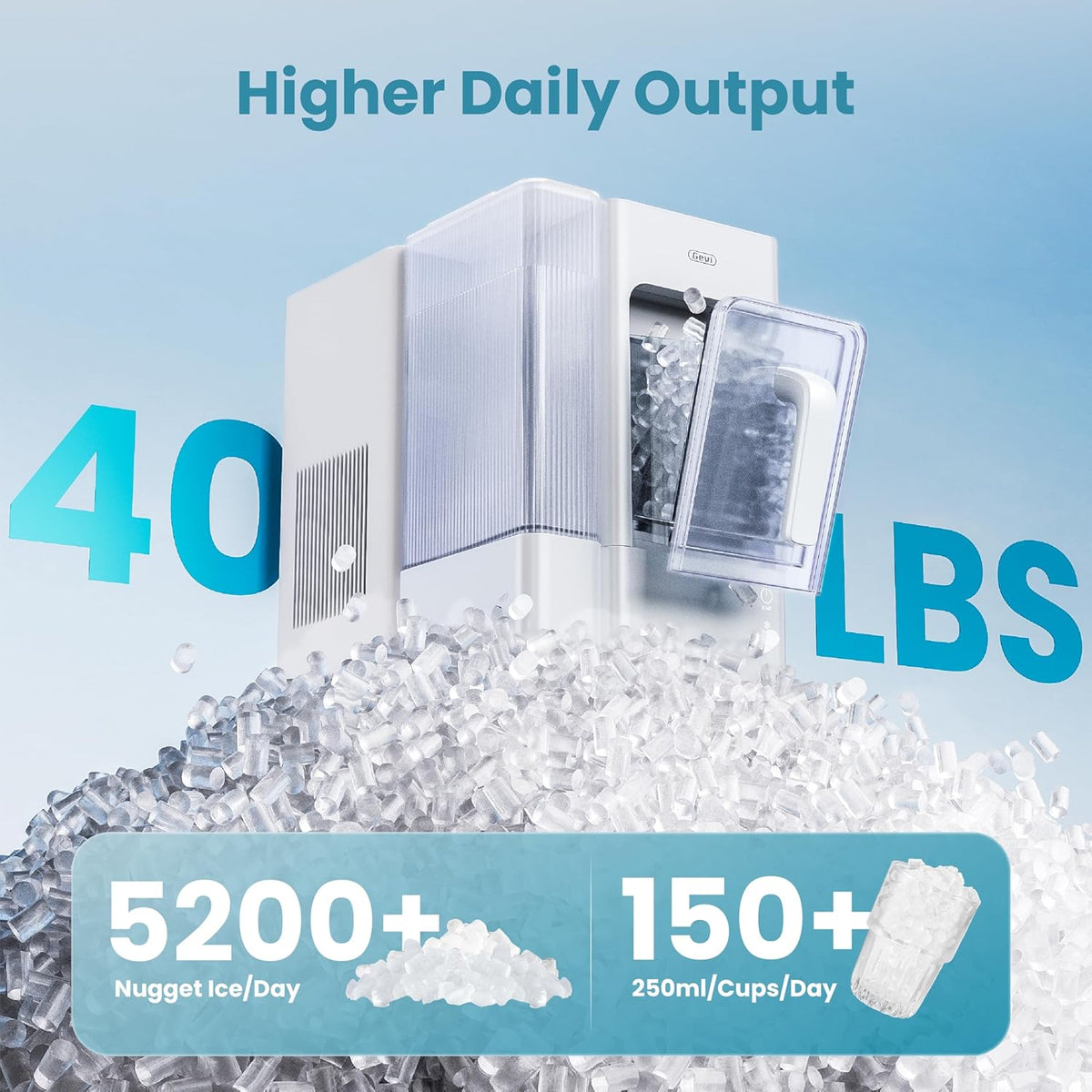 Gevi Adella Gemi Nugget Ice Maker Countertop with 1 Gallon Side Tank,Chewable Ice Machine with Portable Ice Basket, 40 lbs in 24 Hours, Pellet Ice Machine with Self-Cleaning for Home Party