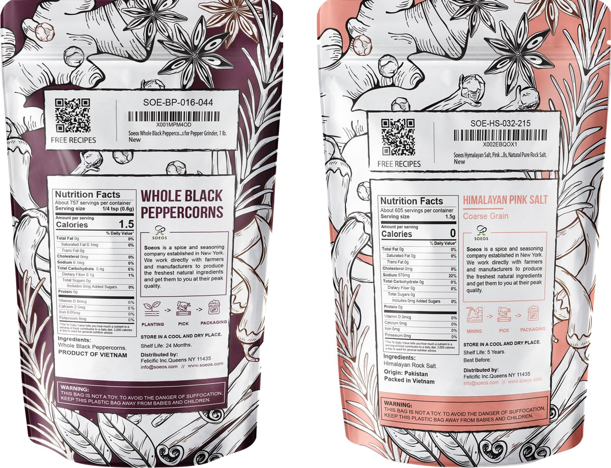 Soeos Whole Black Peppercorns 12oz + Himalayan Pink Salt 2lb, Salt and Pepper for Grinders, Black Peppercorn Refil, Pink Himalayan Sea Salt, 2 Piece Set