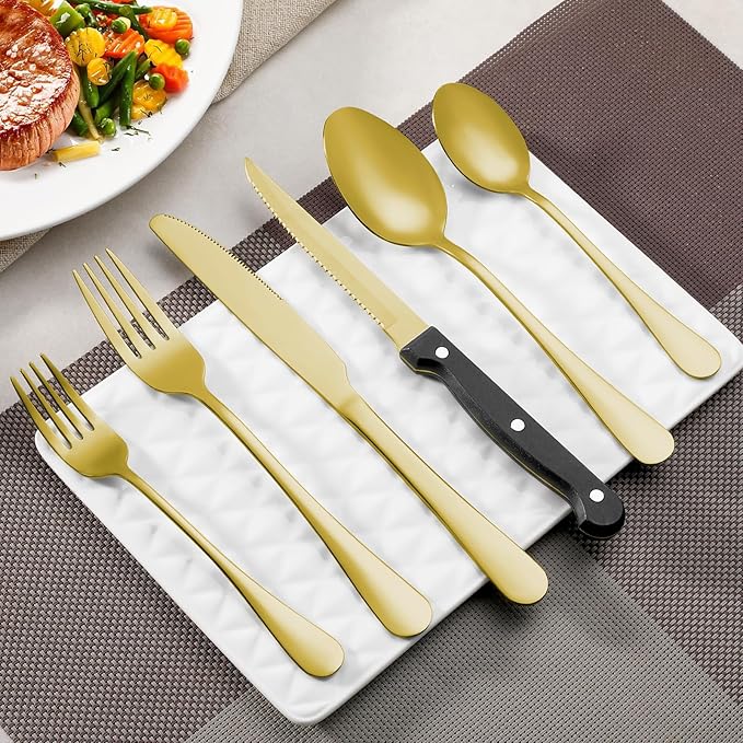 24 Pcs Gold Forks and Spoons Silverware Set, Food Grade Stainless Steel Flatware Cutlery Set for Kitchen and Restaurant, 12 Dinner Fork(8") and 12 Teaspoon(6.7"), Mirror Polished, Dishwasher Safe