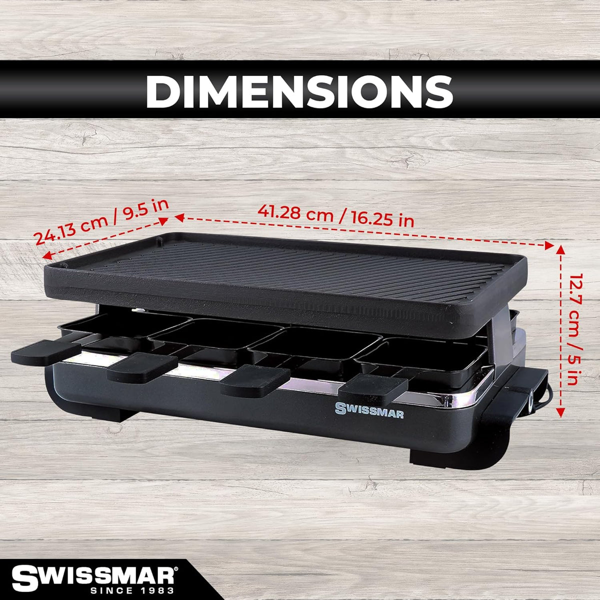 Swissmar Classic 8-Person Raclette Party Grill - Indoor Electric Grill & Griller with Reversible Cast Iron Grill Plate/Crepe Top - Anthracite Black